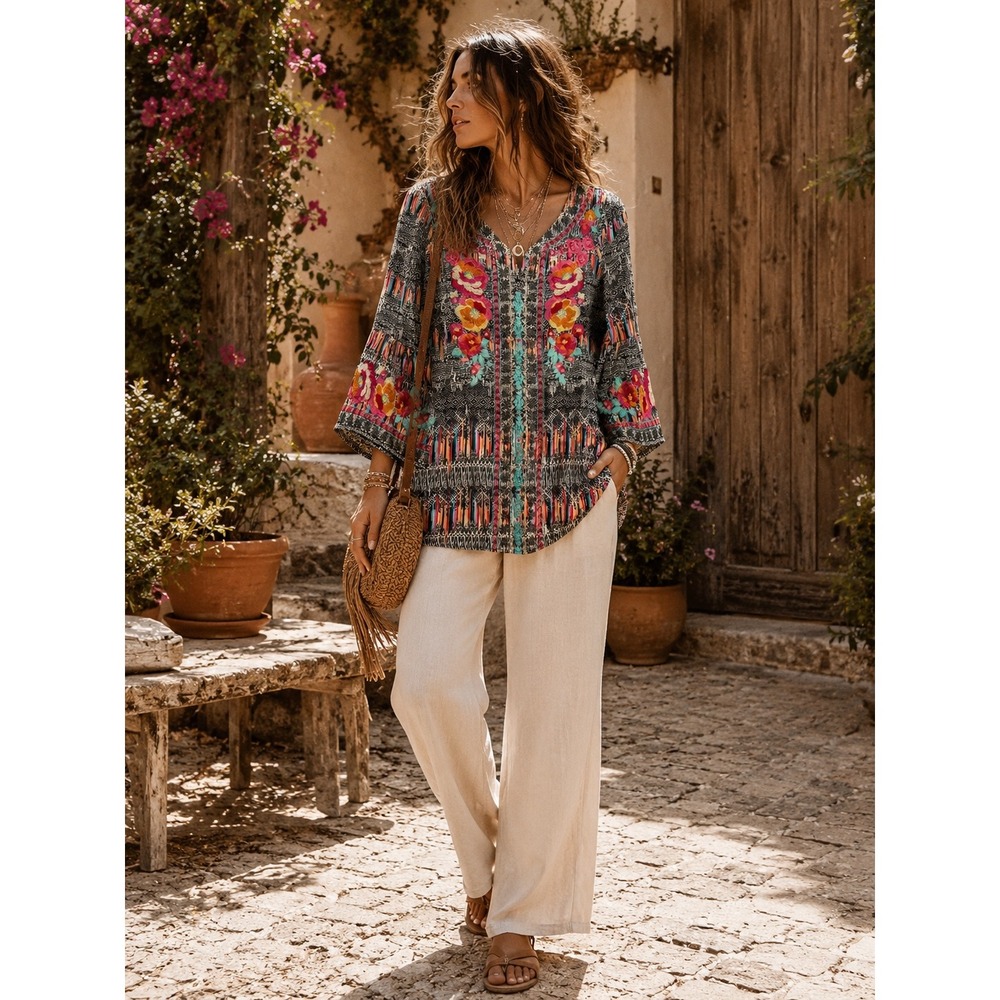 Savanna Jane Women's Small Boho Floral Embroidered Bell Sleeve Top Multi